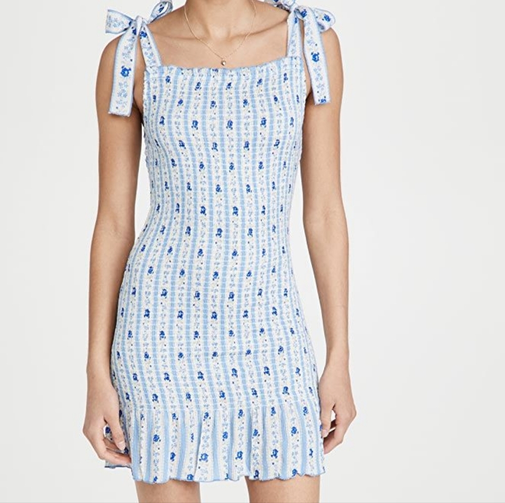 Playa Lucila Tie Shoulder Smock Dress Cornflower Blue Floral Bow Ruffle Bodycon